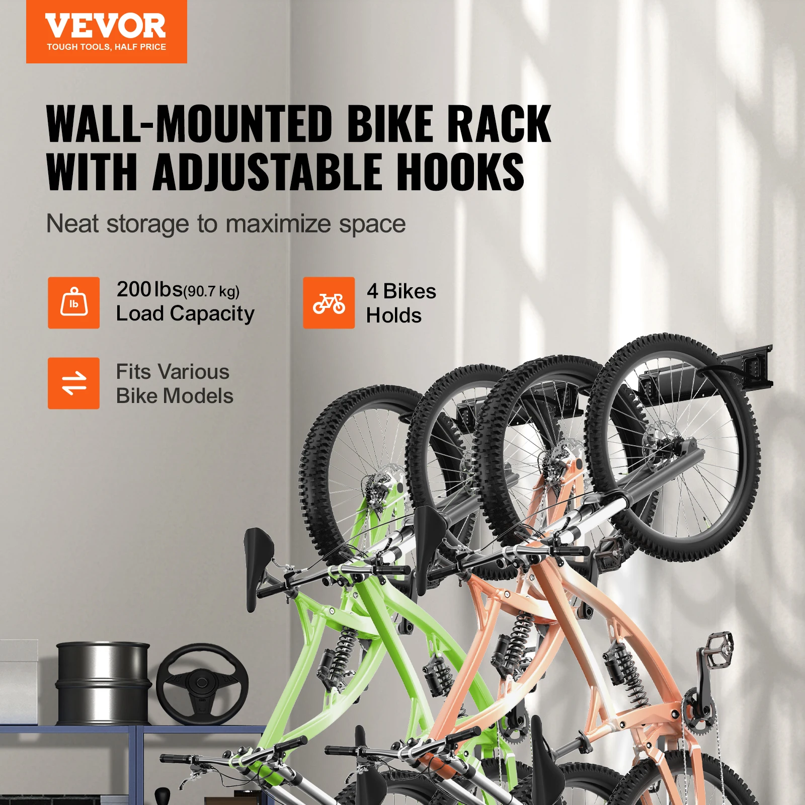 Wall Mounted Bike Storage Rack for Four Bikes